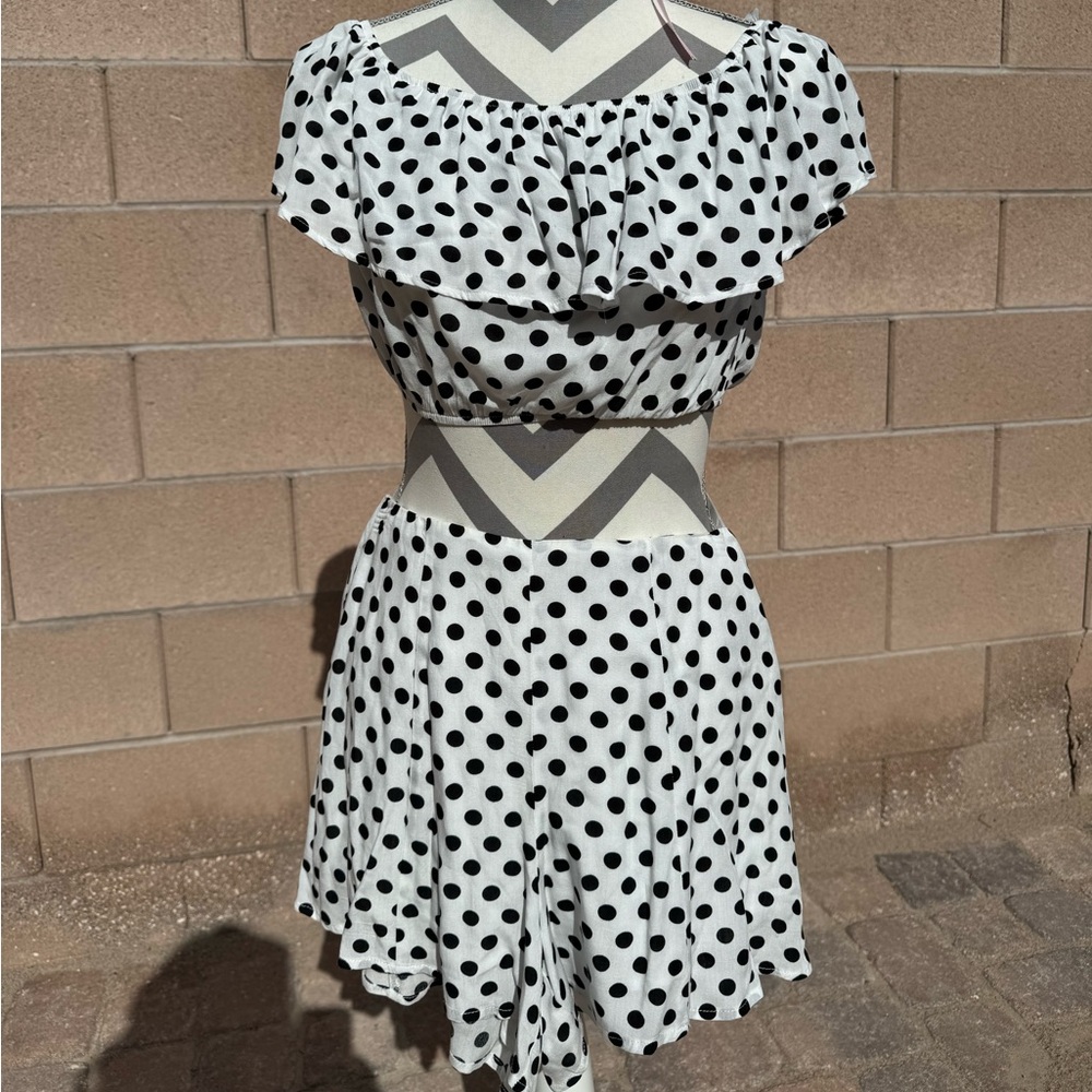 2 piece vintage black and white polka dot reproduction shorts and midi top.